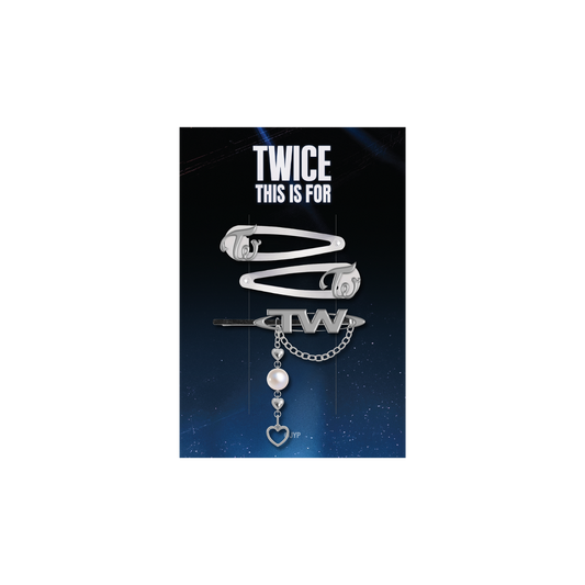 Three metal hair pins including two different styles clips featuring TWICE logo designs with each pin measuring 3” wide and placed on a TWICE branded backing card.
