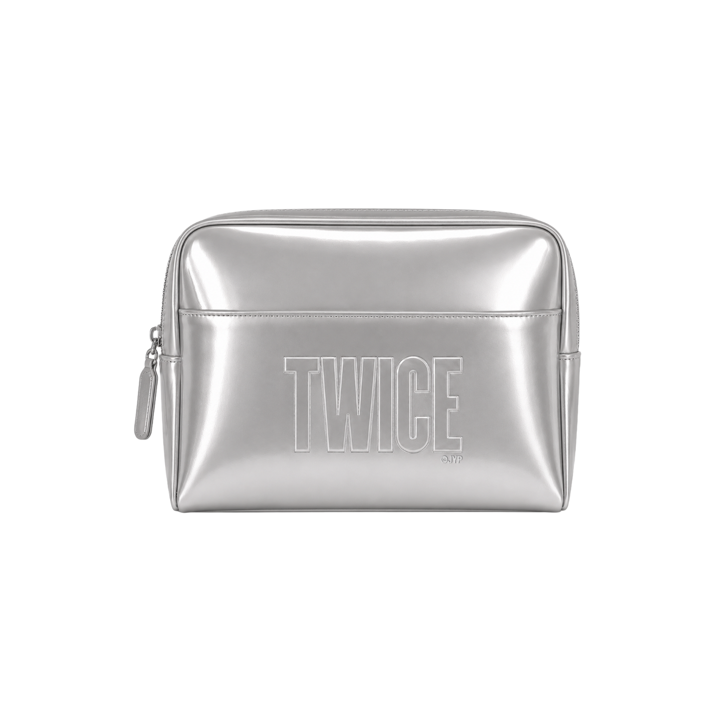 Silver metallic pouch cosmetic bag with  a TWICE logo embroidered on the front.